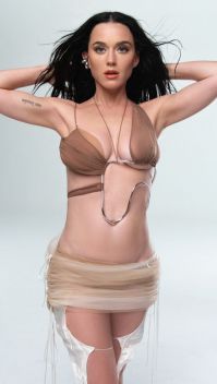 Katy Perry verschränkt die Arme hinter dem Kopf. Sie trägt ein futuristisches Oberteil aus Seide und Metall | Quelle: Louisa Meng