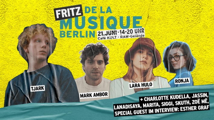 Fritz auf der Fete de la Musique 2024 mit Tjark, Mark Ambor, Lara Hulo und Ronja (Quelle: Pressebilder | Collage: Fritz) Fritz auf der Fete de la Musique 2024 mit Tjark, Mark Ambor, Lara Hulo und Ronja (Quelle: Pressebilder | Collage: Fritz)