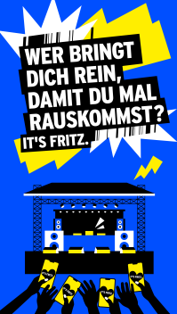 Eine grafisch dargestellte Konzertbühne mit Publikum, daneben Schrift: "Wer bringt dich rein, damit du mal rauskommst?" - "It's Fritz." (Quelle: Fritz)