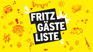 Das "FritzGästeliste"-Logo auf einem gelben Hintergrund umgeben von roten Fritz-Scribbles. | Quelle: Fritz