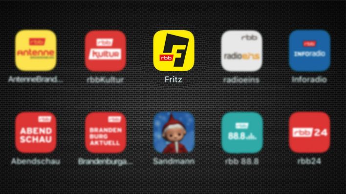 Übersicht der rbb Apps. Fritz App scharf, alle anderen unscharf angezeigt. (Quelle Fritz) Übersicht der rbb Apps. Fritz App scharf, alle anderen unscharf angezeigt. (Quelle Fritz)