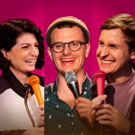 v.l.n.r.: Filiz Tasdan, Moritz Neumeier und Till Reiners; Bildcollage zur Comedy-Show: Falsch, aber anders lustig, Bild: rbb/Daniel Dittus